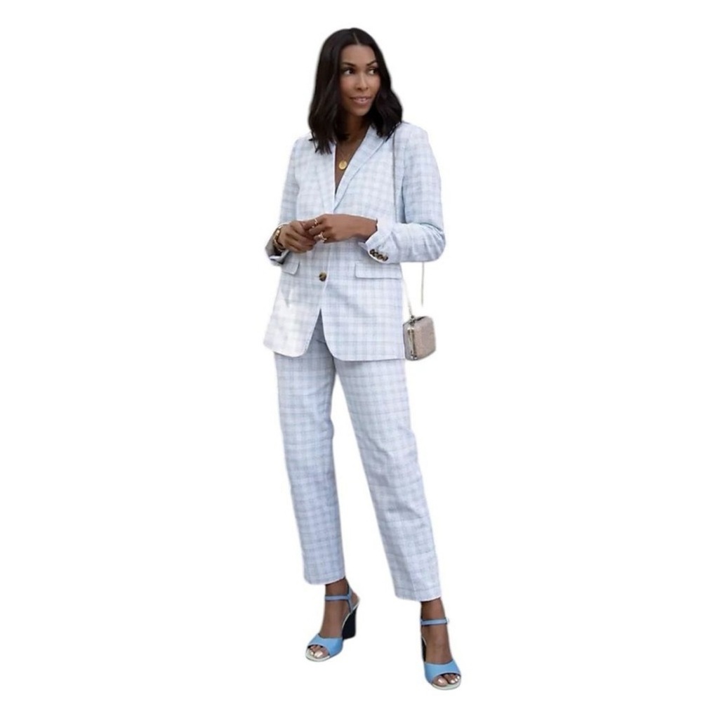 Ann Taylor The Greenwich Pantsuit White Blue Plaid Sz 14